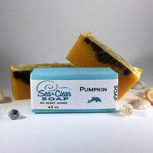 Pumpkin Soap, no scent added, is loaded with pumpkin.  There is real pumpkin, pumpkin butter and pumpkin seed oil.  
