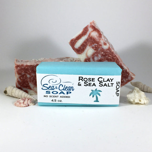 Rose Clay and Sea Salt Soap. Rose clay gently helps to cleanse the skin with its drawing properties and also very gently exfoliates